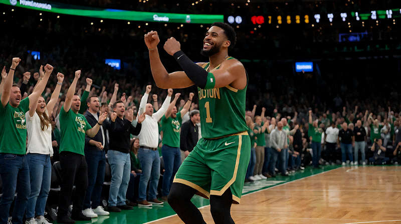NBA比赛现场：波士顿凯尔特人球员在主场庆祝胜利时刻，球迷欢呼雀跃